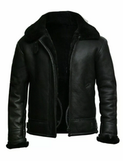 Men's Black Shearling Leather Jacket – Premium Winter Aviator B3 Bomber Coat with Fur Collar & Sheepskin Lining