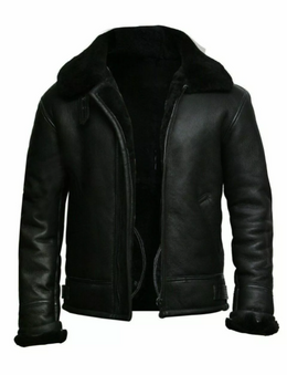 Men's Black Shearling Leather Jacket – Premium Winter Aviator B3 Bomber Coat with Fur Collar & Sheepskin Lining