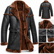 Men’s Genuine Leather Aviator Coat with Brown Faux Fur Lining – Long Black Winter Shearling Jacket