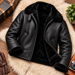 Men's Black Shearling Leather Jacket – Premium Winter Aviator B3 Bomber Coat with Fur Collar & Sheepskin Lining