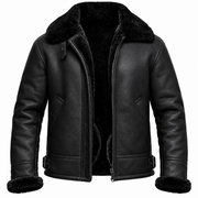 Men's Black Shearling Leather Jacket – Premium Winter Aviator B3 Bomber Coat with Fur Collar & Sheepskin Lining
