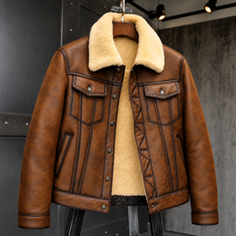 Men's Vintage Brown Distressed Leather Jacket with Shearling Fur Lining