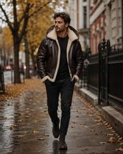 Men's Brown Aviator Shearling Jacket with Faux Fur Lining & Genuine Fox Fur Hood – Winter Biker Bomber Coat