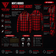 Men’s Lumberjack Motorcycle Shirt Jacket – Red & Black Buffalo Plaid Riding Jacket with Armour Protection, Kevlar Reinforcement, Mesh Lining & Detachable Hood