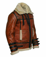 Men’s Brown Shearling Aviator Leather Jacket – Vintage B-3 Flight Bomber Jacket with Faux Fur Lining