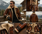 Men’s Brown Shearling Aviator Leather Jacket – Vintage B-3 Flight Bomber Jacket with Faux Fur Lining