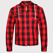Men’s Lumberjack Motorcycle Shirt Jacket – Red & Black Buffalo Plaid Riding Jacket with Armour Protection, Kevlar Reinforcement, Mesh Lining & Detachable Hood