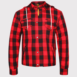 Men’s Lumberjack Motorcycle Shirt Jacket – Red & Black Buffalo Plaid Riding Jacket with Armour Protection, Kevlar Reinforcement, Mesh Lining & Detachable Hood