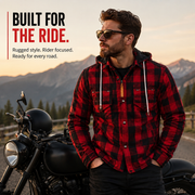Men’s Lumberjack Motorcycle Shirt Jacket – Red & Black Buffalo Plaid Riding Jacket with Armour Protection, Kevlar Reinforcement, Mesh Lining & Detachable Hood