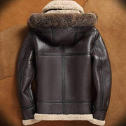 Men's Brown Aviator Shearling Jacket with Faux Fur Lining & Genuine Fox Fur Hood – Winter Biker Bomber Coat