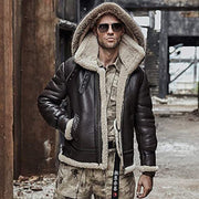 Men's Brown Aviator Shearling Jacket with Faux Fur Lining & Genuine Fox Fur Hood – Winter Biker Bomber Coat