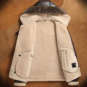 Men's Brown Aviator Shearling Jacket with Faux Fur Lining & Genuine Fox Fur Hood – Winter Biker Bomber Coat