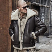 Men's Brown Aviator Shearling Jacket with Faux Fur Lining & Genuine Fox Fur Hood – Winter Biker Bomber Coat
