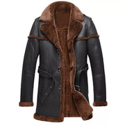 Men’s Black Leather Shearling Coat with Brown Faux Fur Lining – Long Winter Aviator Jacket