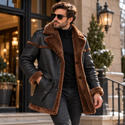 Men’s Black Leather Shearling Coat with Brown Faux Fur Lining – Long Winter Aviator Jacket