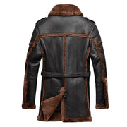Men’s Black Leather Shearling Coat with Brown Faux Fur Lining – Long Winter Aviator Jacket