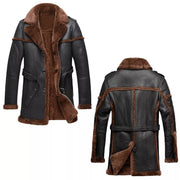 Men’s Black Leather Shearling Coat with Brown Faux Fur Lining – Long Winter Aviator Jacket