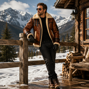 Men’s Brown Shearling Aviator Leather Jacket – Vintage B-3 Flight Bomber Jacket with Faux Fur Lining