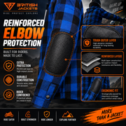 Men's Kevlar Motorcycle Shirt Jacket – Blue & Black Plaid with CE Armour & Detachable Hood