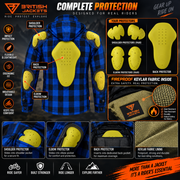 Men's Kevlar Motorcycle Shirt Jacket – Blue & Black Plaid with CE Armour & Detachable Hood