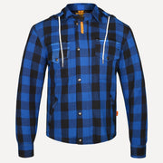 Men's Kevlar Motorcycle Shirt Jacket – Blue & Black Plaid with CE Armour & Detachable Hood