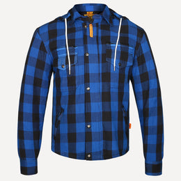 Men's Kevlar Motorcycle Shirt Jacket – Blue & Black Plaid with CE Armour & Detachable Hood