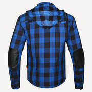 Men's Kevlar Motorcycle Shirt Jacket – Blue & Black Plaid with CE Armour & Detachable Hood
