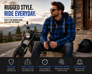 Men's Kevlar Motorcycle Shirt Jacket – Blue & Black Plaid with CE Armour & Detachable Hood