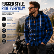 Men's Kevlar Motorcycle Shirt Jacket – Blue & Black Plaid with CE Armour & Detachable Hood