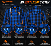Men's Kevlar Motorcycle Shirt Jacket – Blue & Black Plaid with CE Armour & Detachable Hood