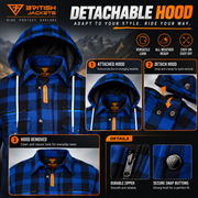 Men's Kevlar Motorcycle Shirt Jacket – Blue & Black Plaid with CE Armour & Detachable Hood