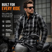Men's CE Kevlar Lined Motorcycle Riding Shirt with Armour | Detachable Hood Lumberjack Biker Jacket