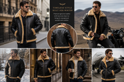 Men's Genuine Leather B3 Aviator Bomber Jacket Black Faux Fur Winter Flight Coat