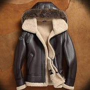 Men's Brown Aviator Shearling Jacket with Faux Fur Lining & Genuine Fox Fur Hood – Winter Biker Bomber Coat