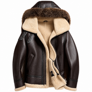 Men's Brown Aviator Shearling Jacket with Faux Fur Lining & Genuine Fox Fur Hood – Winter Biker Bomber Coat