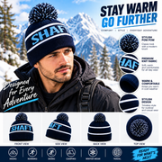 Unisex Navy Wool Winter Beanie Hat with Bobble Pom Pom – Warm Knitted Ski Cap