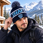 Unisex Navy Wool Winter Beanie Hat with Bobble Pom Pom – Warm Knitted Ski Cap