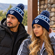 Unisex Navy Wool Winter Beanie Hat with Bobble Pom Pom – Warm Knitted Ski Cap