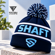 Unisex Navy Wool Winter Beanie Hat with Bobble Pom Pom – Warm Knitted Ski Cap