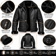 Men's Black Shearling Leather Jacket – Premium Winter Aviator B3 Bomber Coat with Fur Collar & Sheepskin Lining