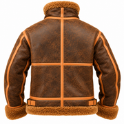 Men’s Brown Shearling Aviator Jacket – Vintage Flight Jacket with Plush Fur Collar - Genuine Leather, Faux Fur