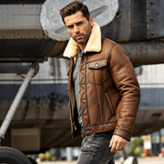 Men's Vintage Brown Distressed Leather Jacket with Shearling Fur Lining