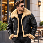 Men's Genuine Leather B3 Aviator Bomber Jacket Black Faux Fur Winter Flight Coat