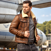 Men's Vintage Brown Distressed Leather Jacket with Shearling Fur Lining