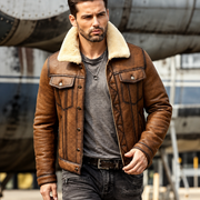 Men's Vintage Brown Distressed Leather Jacket with Shearling Fur Lining