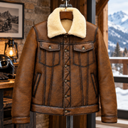 Men's Vintage Brown Distressed Leather Jacket with Shearling Fur Lining