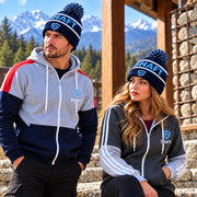 Unisex Navy Wool Winter Beanie Hat with Bobble Pom Pom – Warm Knitted Ski Cap