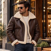Men’s Dark Brown Shearling Aviator Jacket – Cream Fur Collar Vintage Flight Jacket