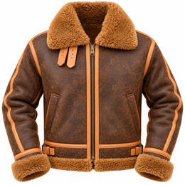 Men’s Brown Shearling Aviator Jacket – Vintage Flight Jacket with Plush Fur Collar - Genuine Leather, Faux Fur