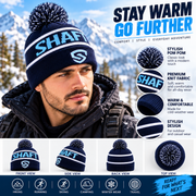 Unisex Navy Wool Winter Beanie Hat with Bobble Pom Pom – Warm Knitted Ski Cap